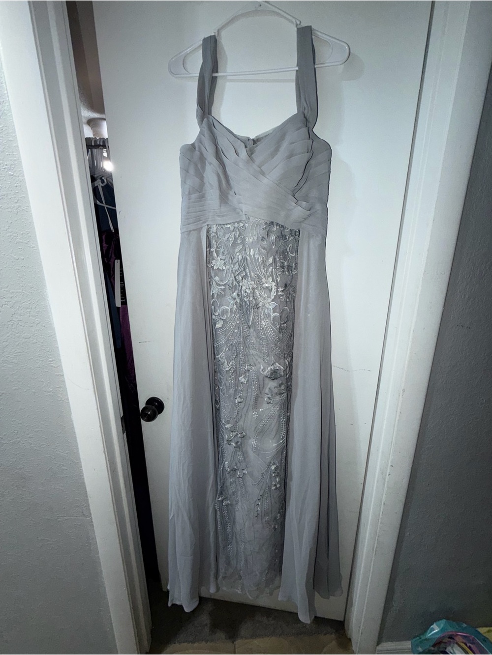 JJs House Silver Gray Chiffon & Embroidered Formal Gown